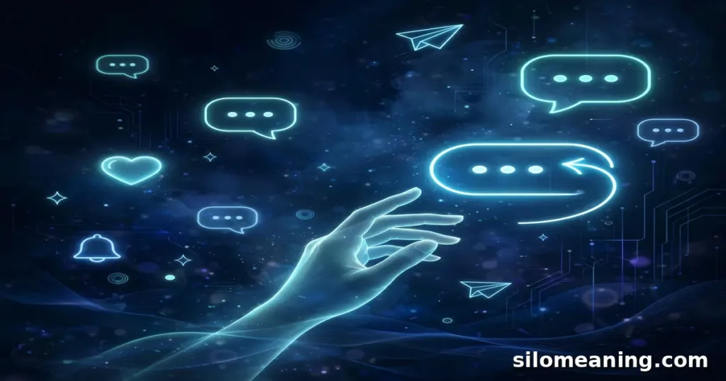 Glowing neon reply icons and calm chat symbols showing how to respond when someone says FYM