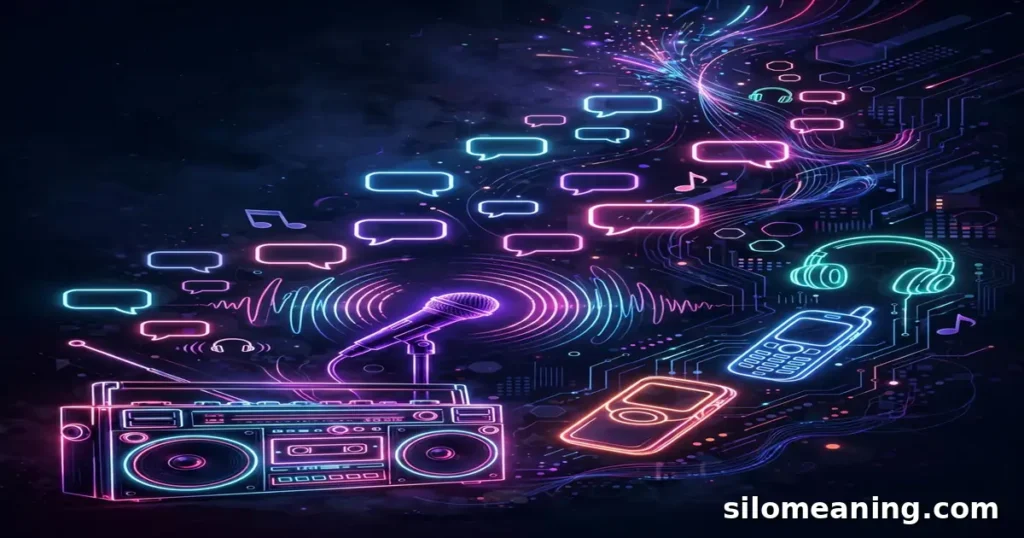 Glowing neon chat bubbles and hip-hop inspired motifs illustrating the confrontational texting slang origins of FYM