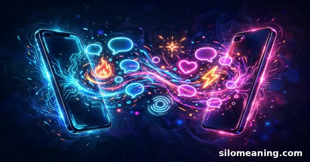 Two glowing smartphones exchanging neon chat bubbles in a heated but playful FYM text exchange