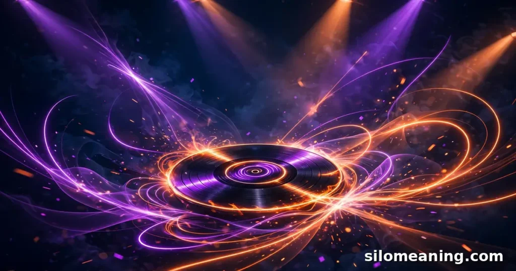 Glowing neon party lights and vinyl record motifs illustrating the hip-hop era origins of lit slang