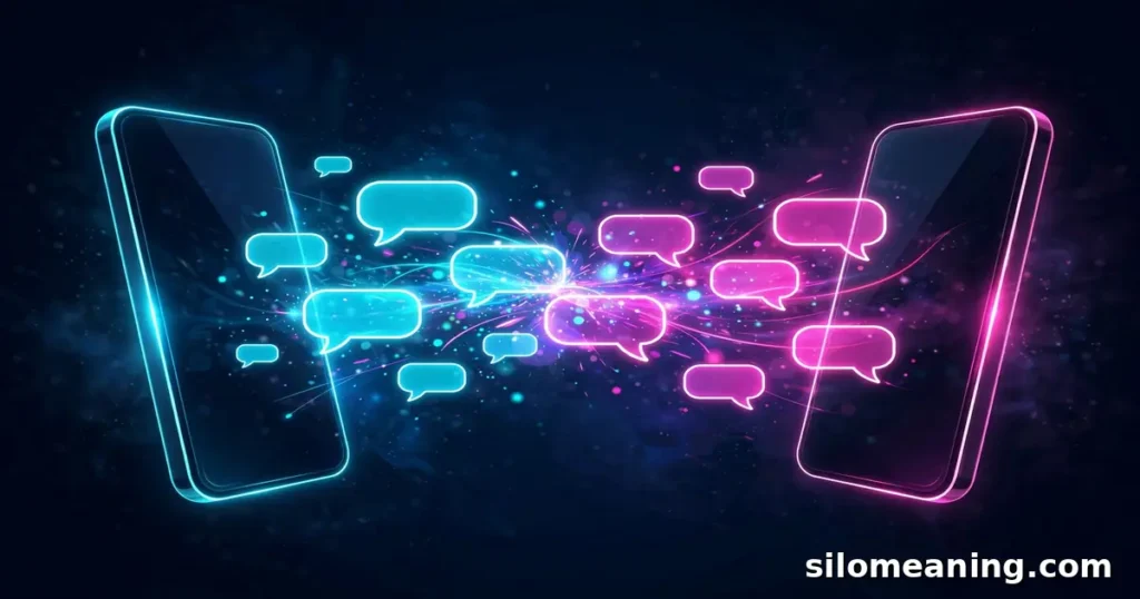 Two glowing phones exchanging neon chat bubbles showing lit conversations about parties and plans
