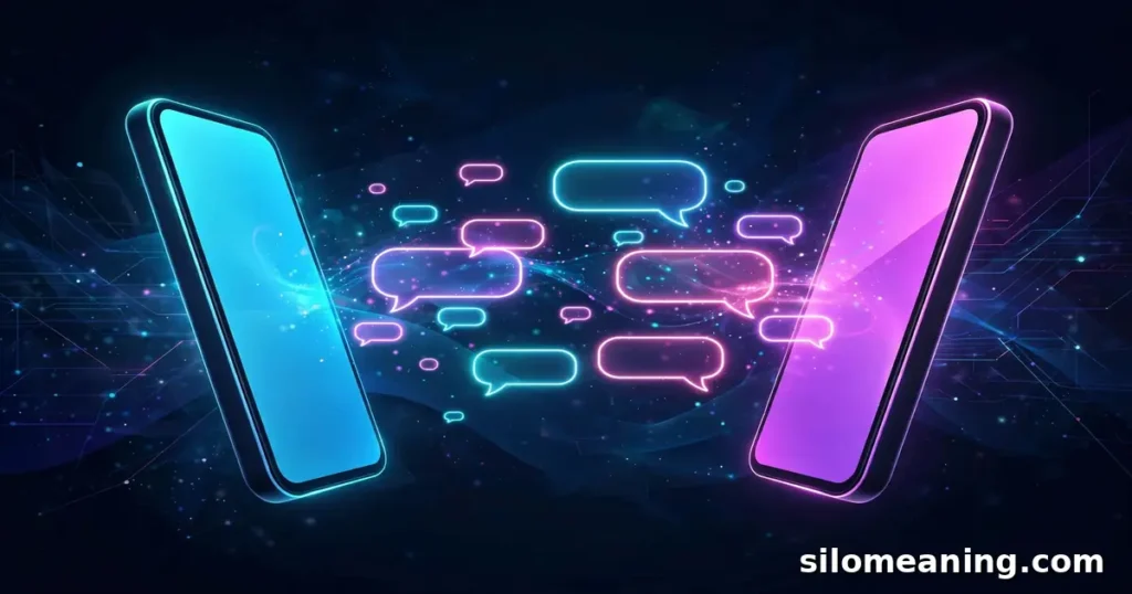 Two glowing phones exchanging neon chat bubbles in a warm tc goodbye conversation