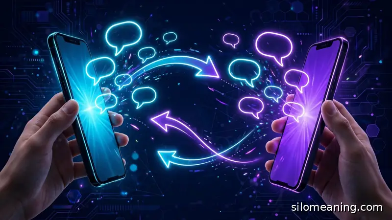 Dark neon illustration of two smartphones with glowing reply arrows and speech bubbles, showing how to respond to CMM in chats