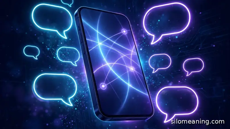 Dark neon illustration of a glowing smartphone surrounded by floating chat bubbles, showing real life texting conversations using CMM