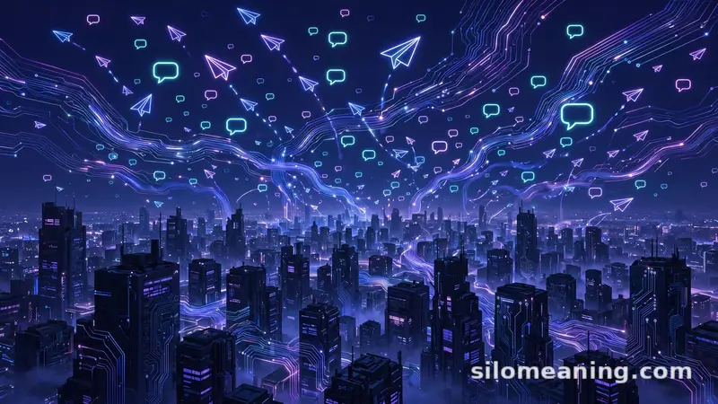 Neon chat icons over a digital night cityscape representing the origin of the GNF abbreviation