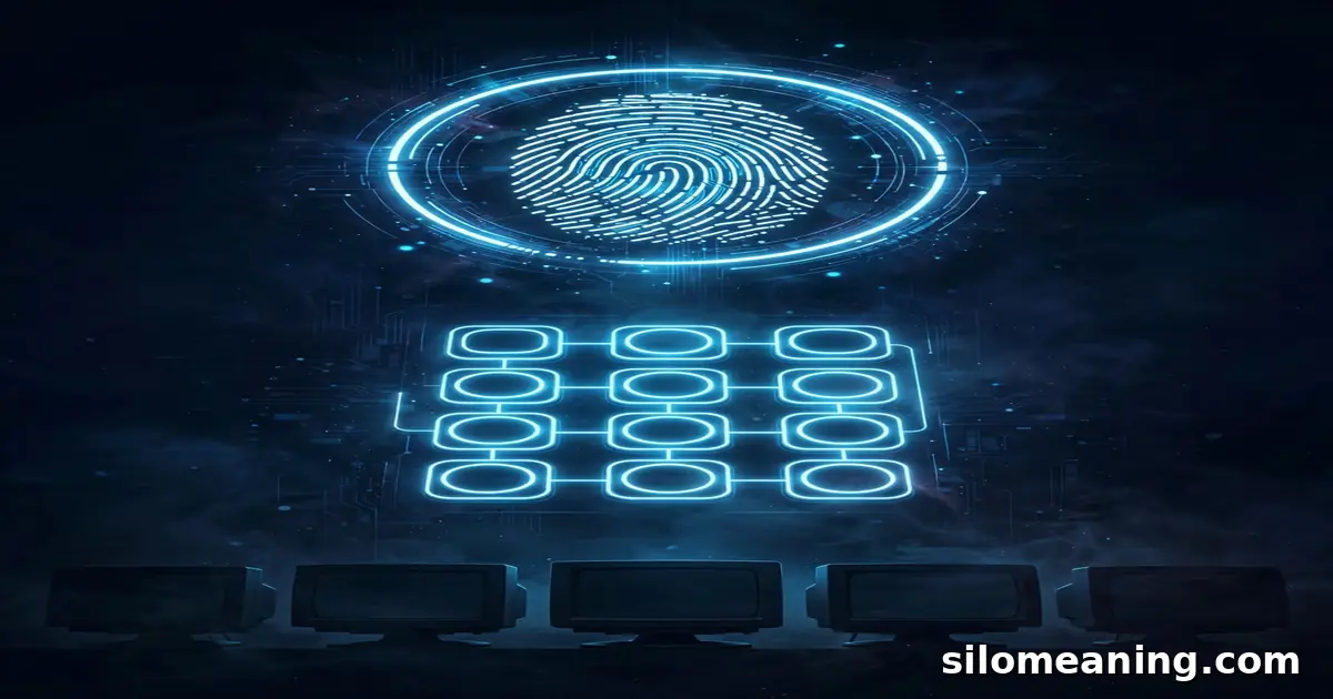 Neon keypad and glowing fingerprint scan above retro monitors showing the origin of multi-factor authentication security