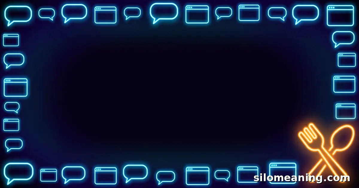 Glowing neon chat bubbles and fork-and-spoon icons illustrating NYAM's Jamaican eating origin