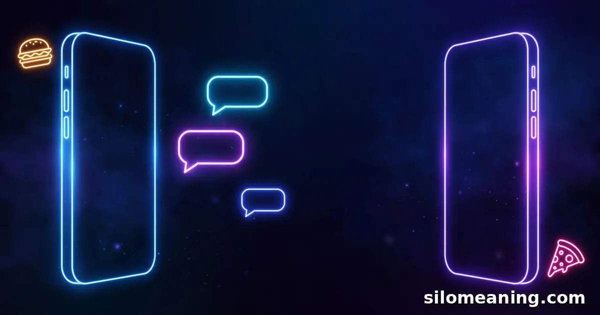 Two glowing phones exchanging neon chat bubbles with NYAM food-craving conversations