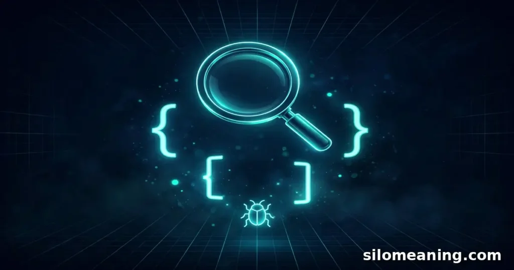 Glowing neon magnifying glass over code illustrating QA's software testing origin
