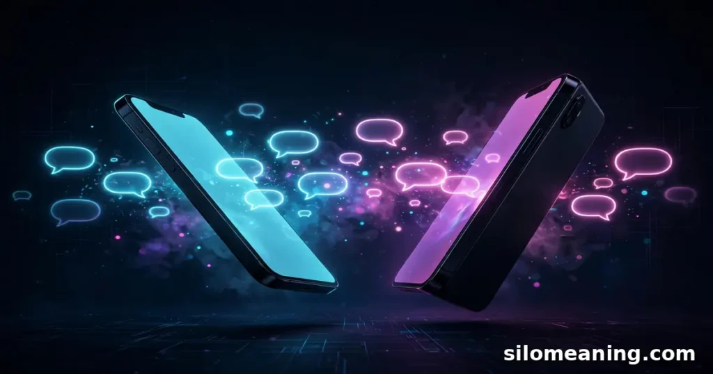 Two glowing phones exchanging neon chat bubbles with QA conversations