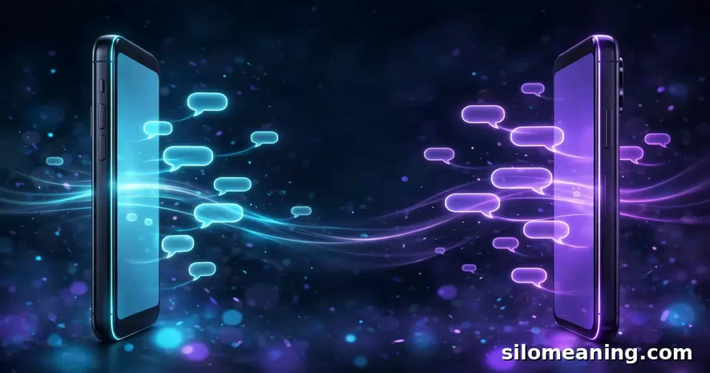 Two glowing phones exchanging neon chat bubbles with RBN conversations in different contexts