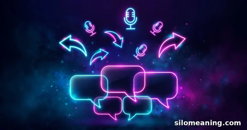 Glowing neon reply and microphone icons illustrating fun ways to respond when someone says TTS