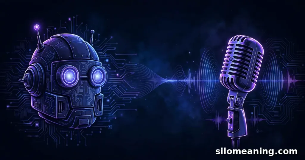 Retro robot and glowing microphone motifs illustrating the text-to-speech origin of TTS