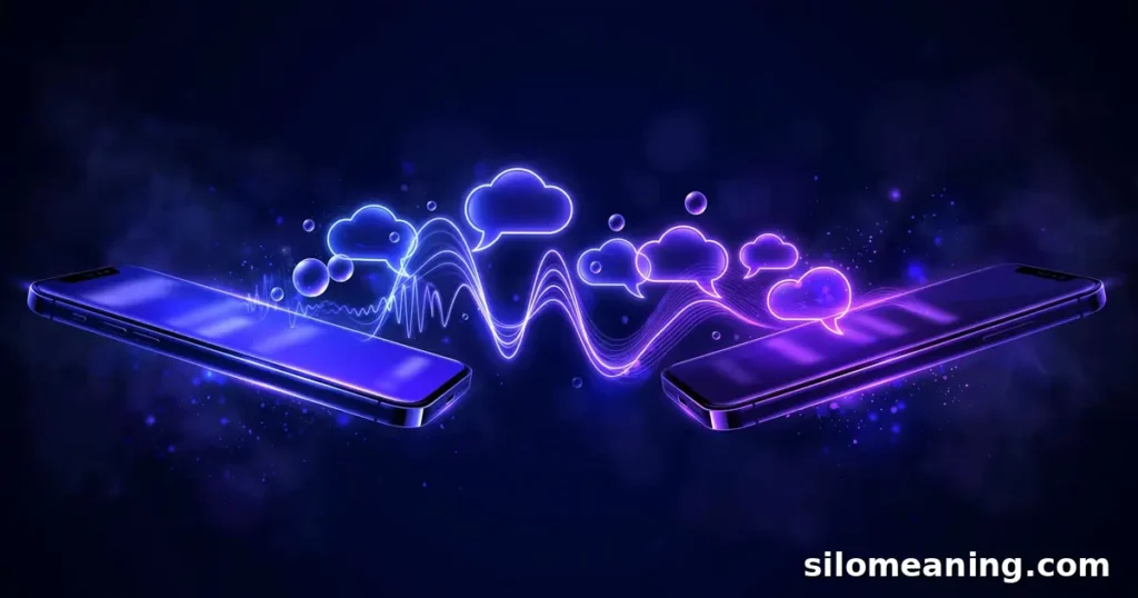 Two glowing phones exchanging neon chat bubbles showing TTS conversations about the TikTok voice